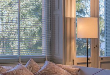 Explore the versatility of mini blinds as they adorn a cozy living room, offering optimal light control and privacy.
